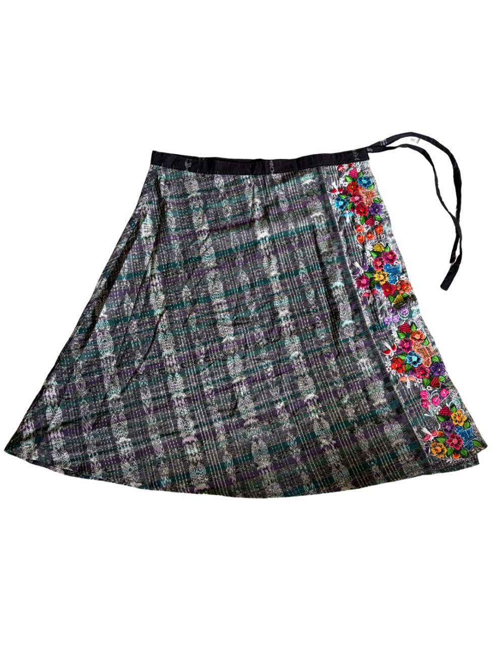 Guatemalan Floral Hand Embroidered Cotton Wrap Plaid Midi Skirt OS